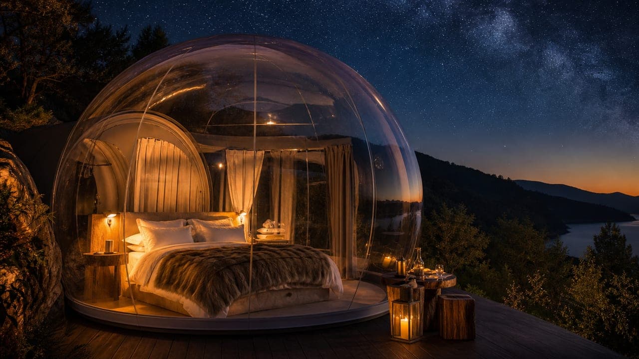 Noche en domo burbuja bajo las estrellas