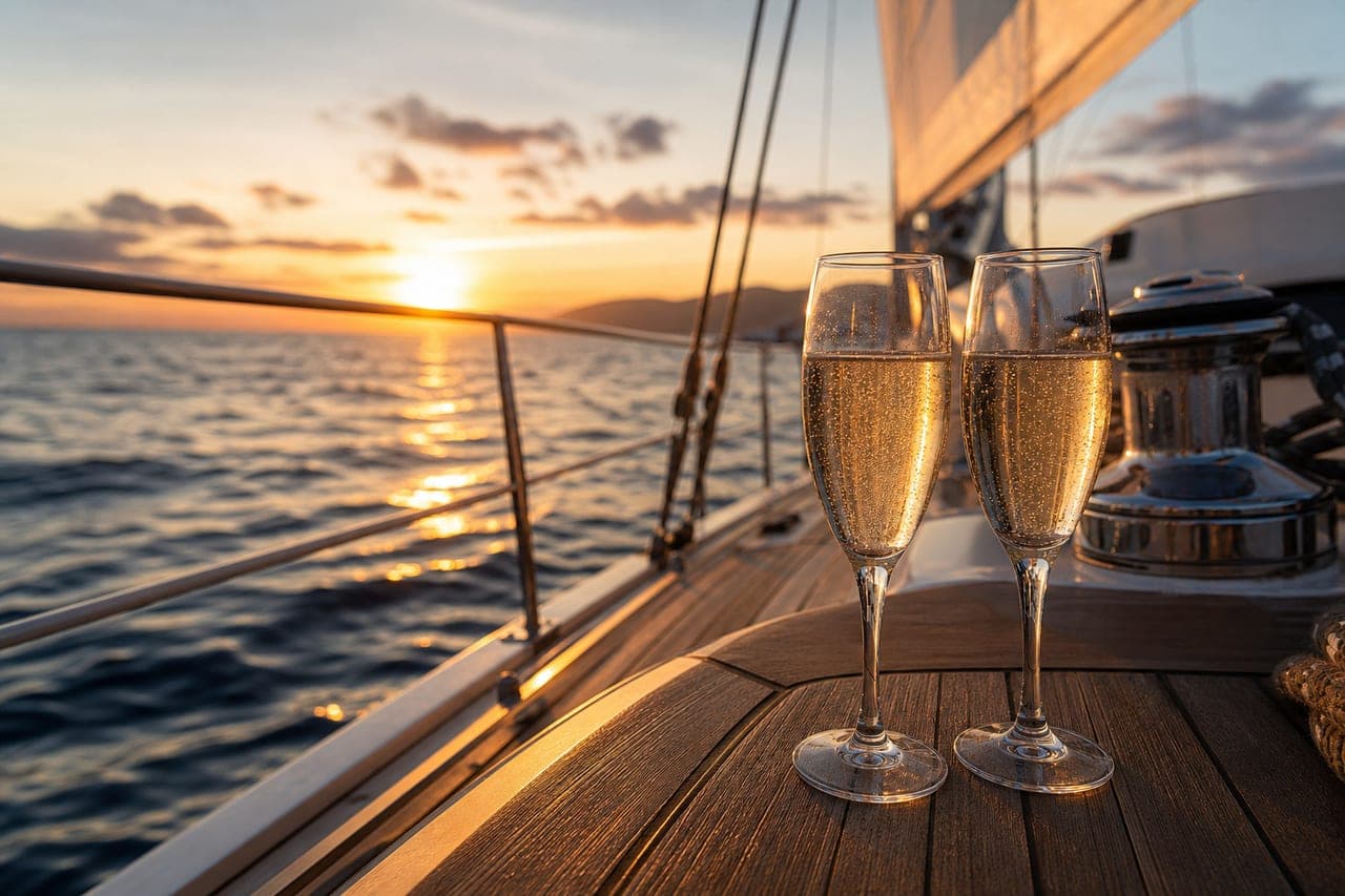 Velero privado al atardecer con cava — foto 1